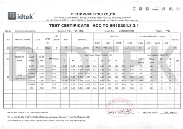 Periksa Sertifikat Tes Katup ACC ke EN10204.3 3
